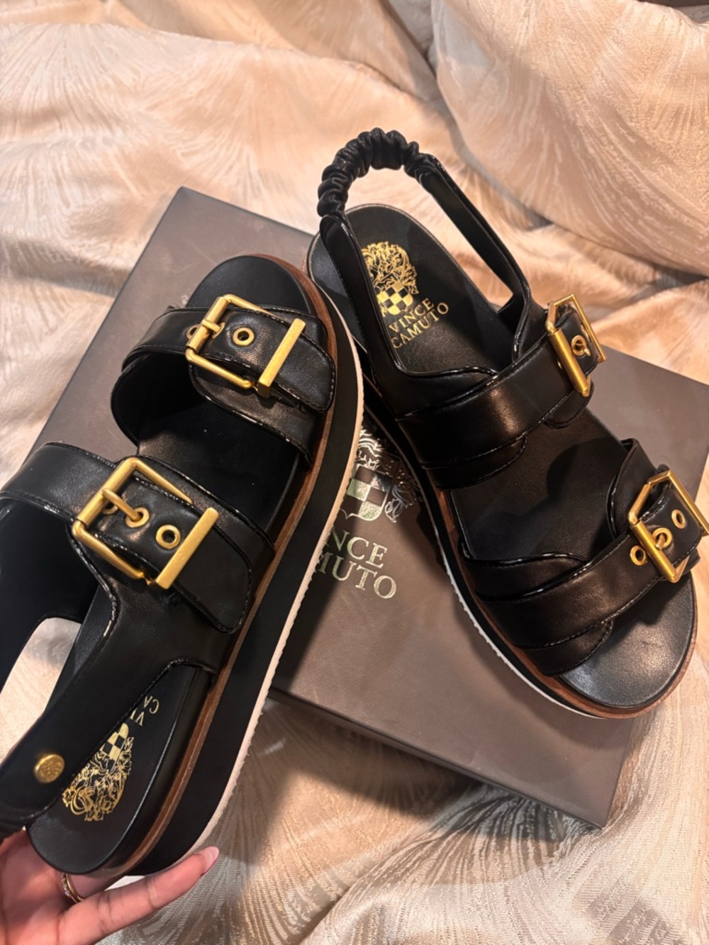 Vince Camuto Black Leather Platform Slingback Sandals with Gold Buckles